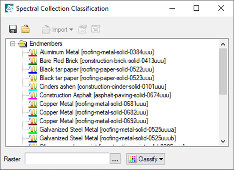 Figure 8: Spectral Collection Classification dialog listing spectra of man-made materials from a spectral library.