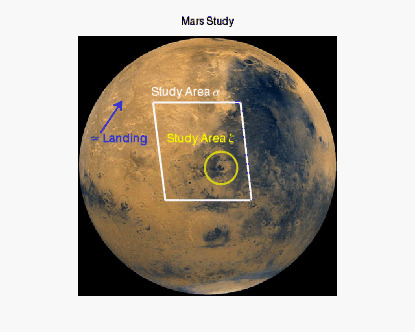 image of mars showing 2 study areas