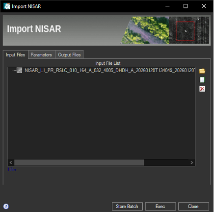 Import NISAR tool - Input Files tab