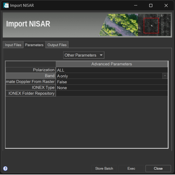 Import NISAR tool - Parameters tab