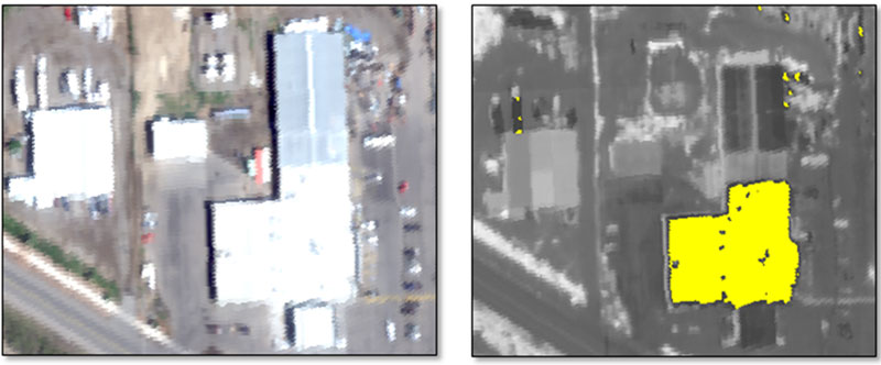 Figure 15: NEON hyperspectral true-color image (left) and SAM image with threshold applied (right).