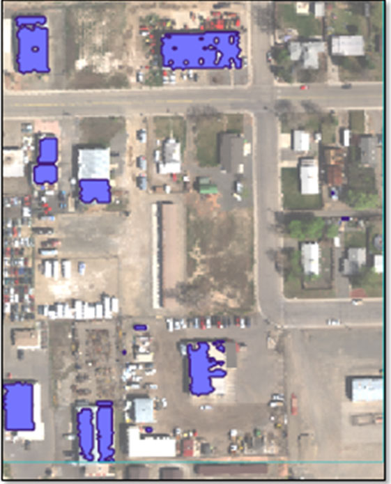 Figure 18: Shapefile of SAM target detection results for galvanized roofing, displayed over the source image.