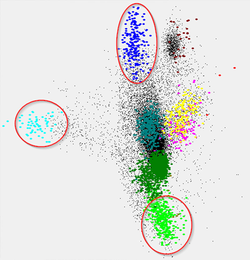 Figure 26: Data cloud with 10 endmember classes. Three classes are circled for illustration.