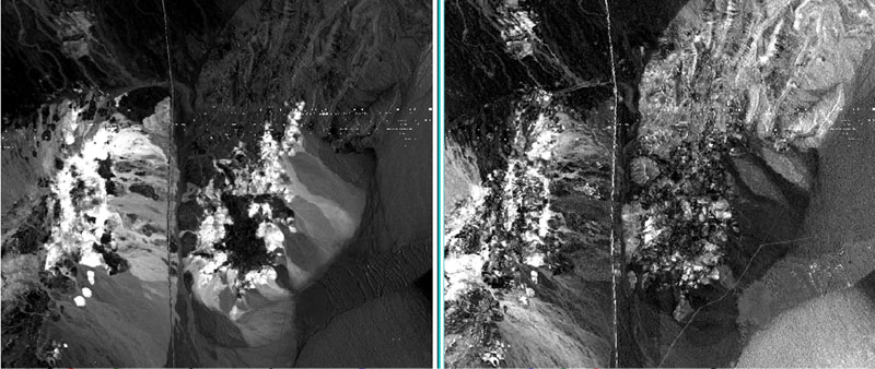 Figure 30: SFF results for the mineral alunite in AVIRIS imagery. The Scale image is on the left, and the RMS Error image is on the right.