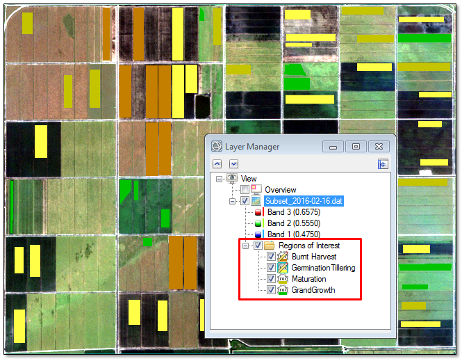 Figure 14: Training sample ROIs overlaid on a RapidEye true-color image. The Layer Manager
shows the corresponding classes that each ROI represents.