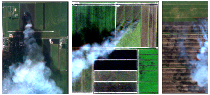 Figure 3: RapidEye satellite images of sugarcane fields being burned prior to harvest.